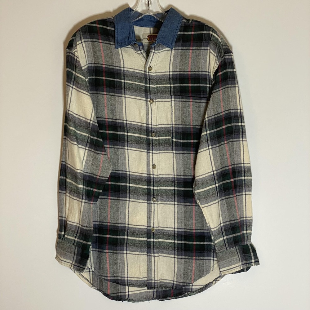 Vintage Route 66 Shirt Mens Medium Green Plaid Flannel Collar Button Up 90s